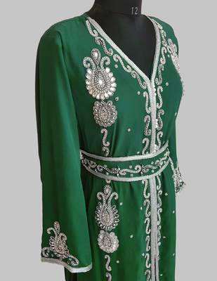 dark green Silver stone and  Beads  Moroccan Kaftan With hijab 3