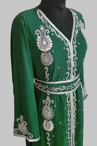 dark green Silver stone and  Beads  Moroccan Kaftan With hijab