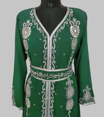 dark green Silver stone and  Beads  Moroccan Kaftan With hijab 4
