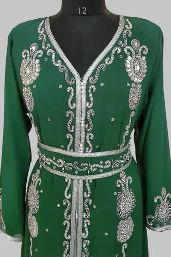 dark green Silver stone and  Beads  Moroccan Kaftan With hijab