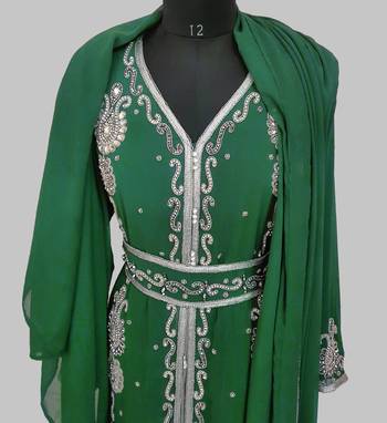 dark green Silver stone and  Beads  Moroccan Kaftan With hijab 5