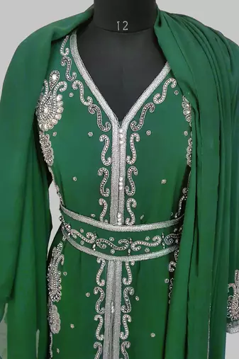 dark green Silver stone and  Beads  Moroccan Kaftan With hijab