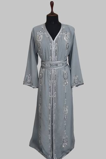 Grey Silver stone and  Beads  Moroccan Kaftan With hijab 