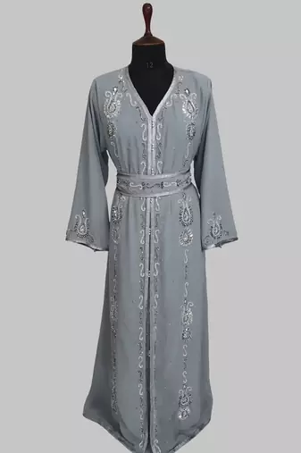 Grey Silver stone and  Beads  Moroccan Kaftan With hijab 