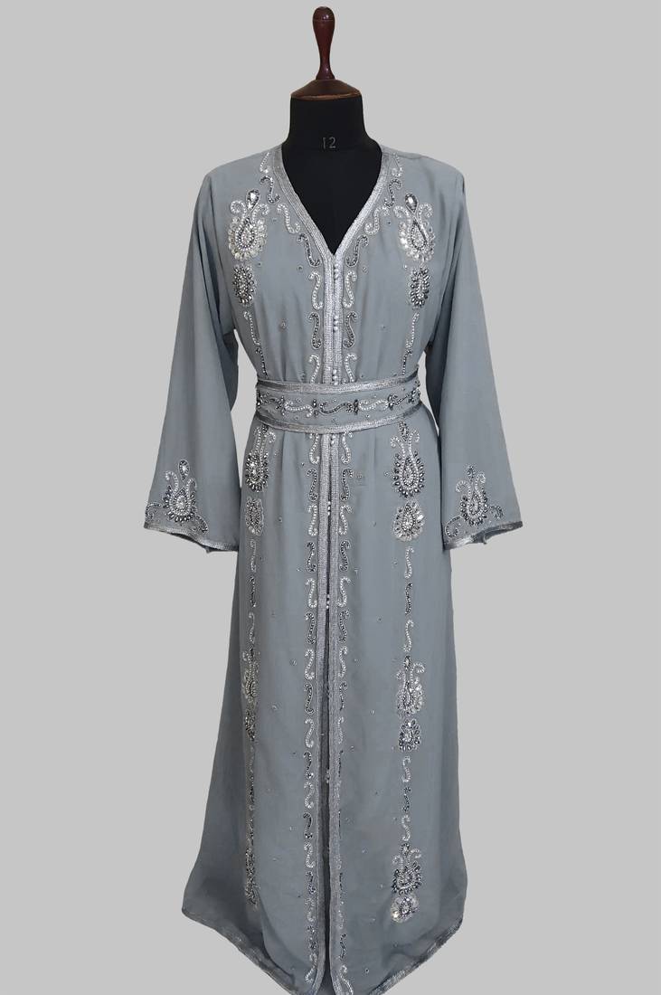 Grey Silver stone and  Beads  Moroccan Kaftan With hijab 
