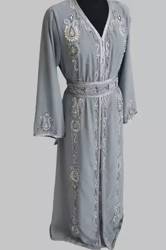 Grey Silver stone and  Beads  Moroccan Kaftan With hijab 