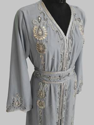 Grey Silver stone and  Beads  Moroccan Kaftan With hijab  3