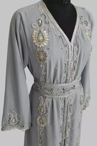 Grey Silver stone and  Beads  Moroccan Kaftan With hijab 