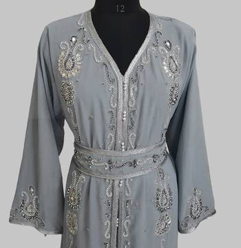 Grey Silver stone and  Beads  Moroccan Kaftan With hijab  4