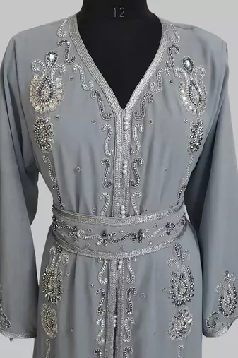 Grey Silver stone and  Beads  Moroccan Kaftan With hijab 