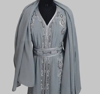 Grey Silver stone and  Beads  Moroccan Kaftan With hijab  5