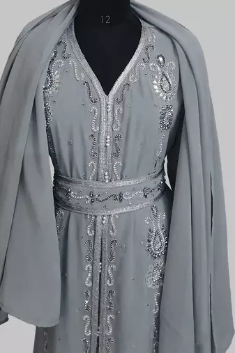 Grey Silver stone and  Beads  Moroccan Kaftan With hijab 