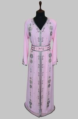 Pink Silver stone and  Beads  Moroccan Kaftan With hijab  1