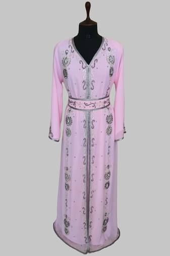Pink Silver stone and  Beads  Moroccan Kaftan With hijab 