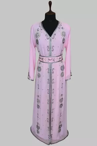 Pink Silver stone and  Beads  Moroccan Kaftan With hijab 