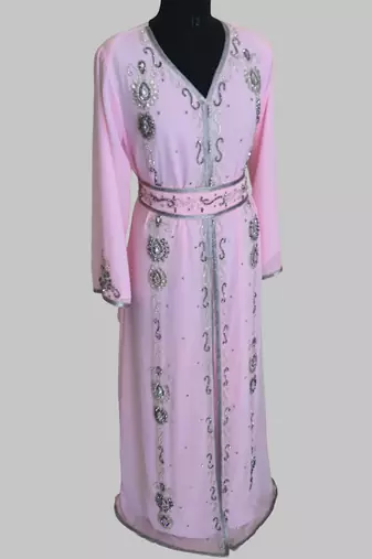 Pink Silver stone and  Beads  Moroccan Kaftan With hijab 