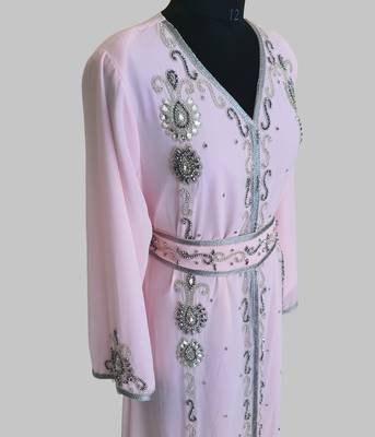 Pink Silver stone and  Beads  Moroccan Kaftan With hijab  3
