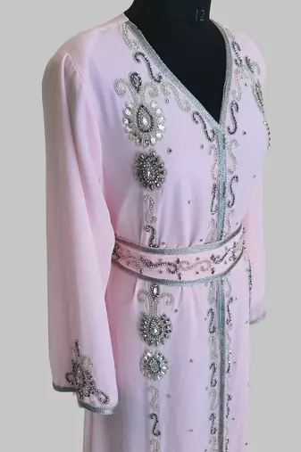 Pink Silver stone and  Beads  Moroccan Kaftan With hijab 