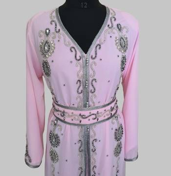 Pink Silver stone and  Beads  Moroccan Kaftan With hijab  4