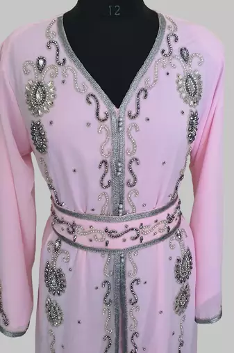 Pink Silver stone and  Beads  Moroccan Kaftan With hijab 