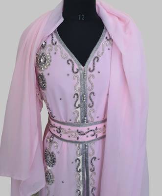 Pink Silver stone and  Beads  Moroccan Kaftan With hijab  5