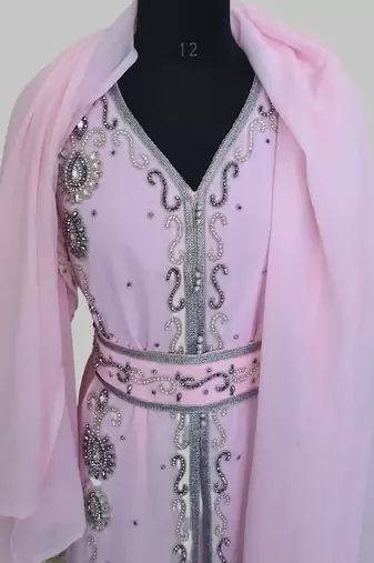 Pink Silver stone and  Beads  Moroccan Kaftan With hijab 