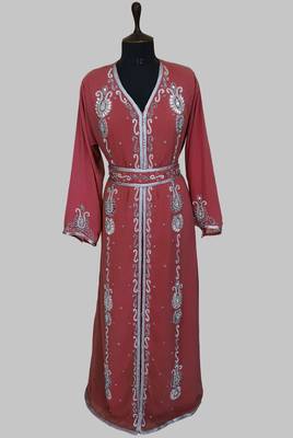 Maroon Silver stone and  Beads  Moroccan Kaftan With hijab  1