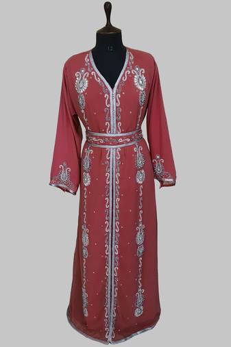 Maroon Silver stone and  Beads  Moroccan Kaftan With hijab 