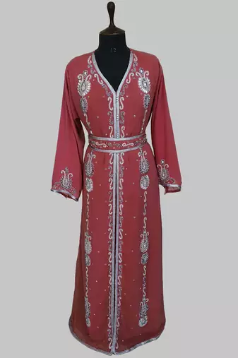 Maroon Silver stone and  Beads  Moroccan Kaftan With hijab 