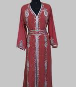 Maroon Silver stone and  Beads  Moroccan Kaftan With hijab 