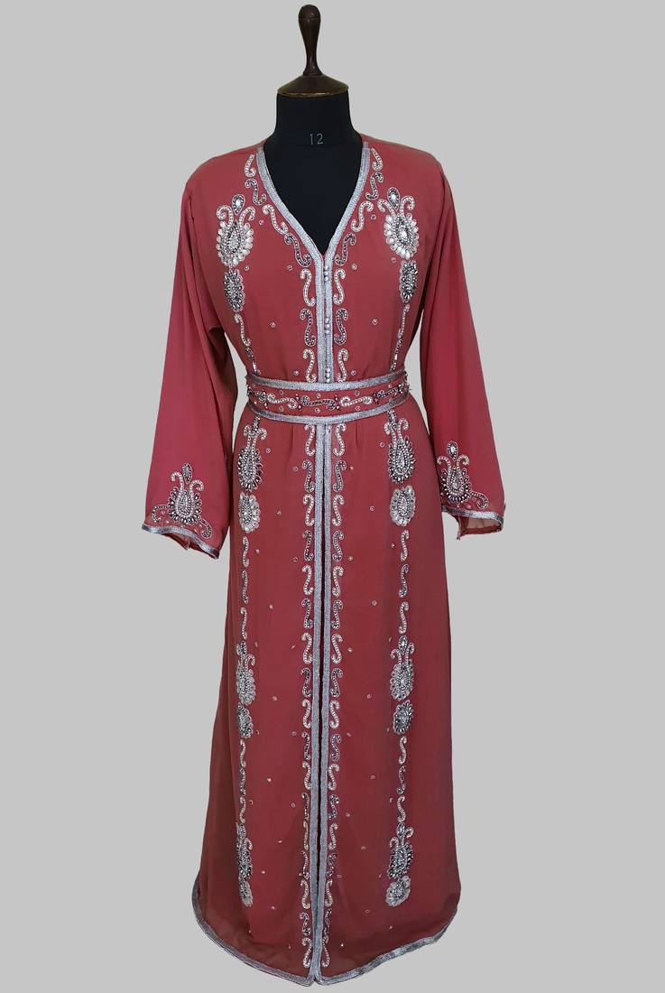 Maroon Silver stone and  Beads  Moroccan Kaftan With hijab 