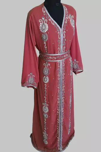 Maroon Silver stone and  Beads  Moroccan Kaftan With hijab 
