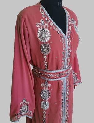 Maroon Silver stone and  Beads  Moroccan Kaftan With hijab  3
