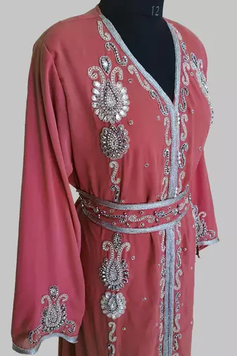 Maroon Silver stone and  Beads  Moroccan Kaftan With hijab 