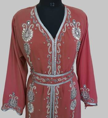 Maroon Silver stone and  Beads  Moroccan Kaftan With hijab  4