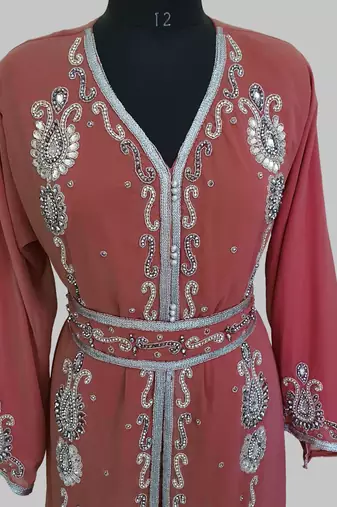 Maroon Silver stone and  Beads  Moroccan Kaftan With hijab 
