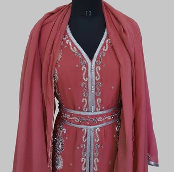 Maroon Silver stone and  Beads  Moroccan Kaftan With hijab  5