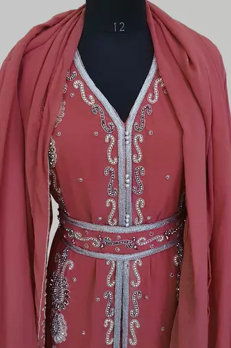 Maroon Silver stone and  Beads  Moroccan Kaftan With hijab 