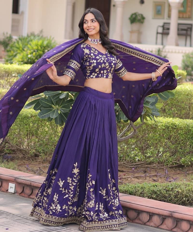 Purple Silk Sequins Embroidered Lehenga Choli And Duptta