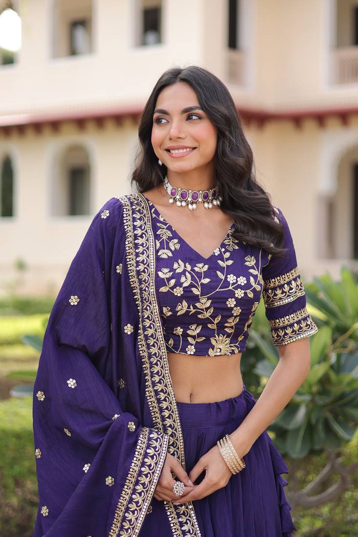 Purple Silk Sequins Embroidered Lehenga Choli And Duptta