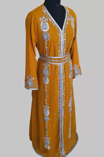 Mustand Silver stone and  Beads  Moroccan Kaftan With hijab 