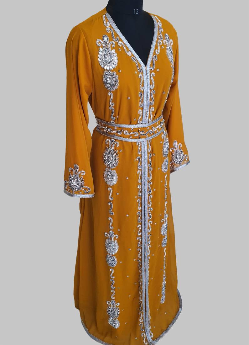 Mustand Silver stone and  Beads  Moroccan Kaftan With hijab 