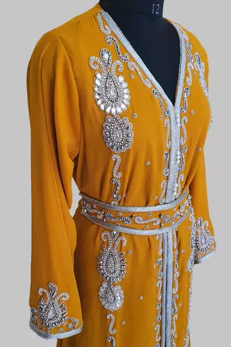 Mustand Silver stone and  Beads  Moroccan Kaftan With hijab 