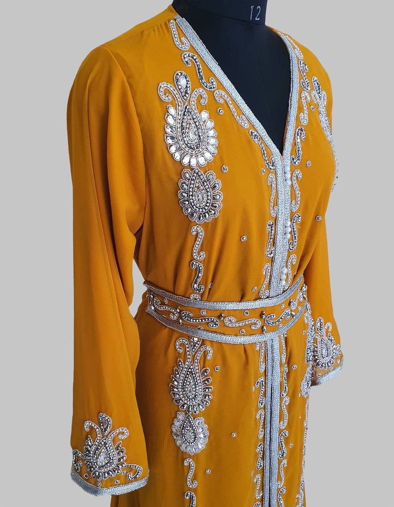 Mustand Silver stone and  Beads  Moroccan Kaftan With hijab 