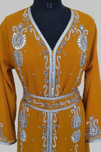 Mustand Silver stone and  Beads  Moroccan Kaftan With hijab 