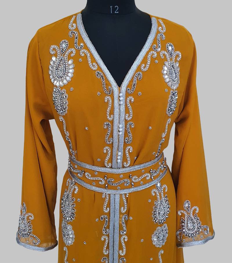 Mustand Silver stone and  Beads  Moroccan Kaftan With hijab 