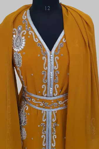 Mustand Silver stone and  Beads  Moroccan Kaftan With hijab 