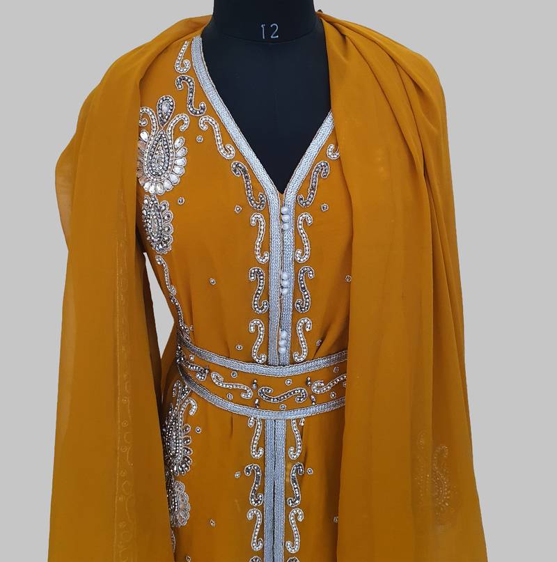 Mustand Silver stone and  Beads  Moroccan Kaftan With hijab 