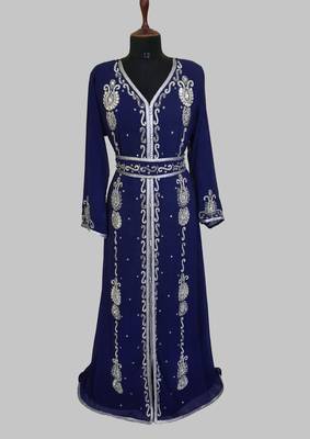 Navy Blue Silver stone and  Beads  Moroccan Kaftan With hijab  1