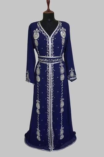 Navy Blue Silver stone and  Beads  Moroccan Kaftan With hijab 